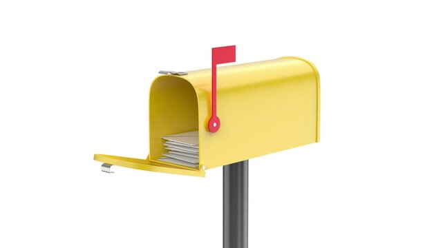 Yellow mailbox with many letters on white background