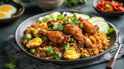 A delicious serving of American fried rice with golden-brown fried chicken, scrambled eggs, and garnished with fresh herbs and vegetables on the side