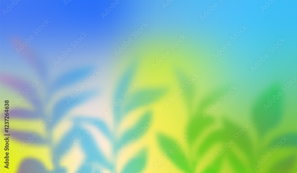 Aufkleber Spring Background with Gradient and Leaves. Abstract Color Bg. Blue and Green Blur Texture. Shadow of Summer Plants Illustration. Pastel Colored Pattern. Spring Poster Design