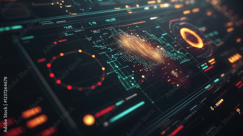 Poster futuristic user interface displaying complex data analysis with colorful lights and dynamic graphs, 