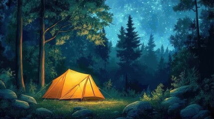 Illuminated yellow tent in forest under starry night sky surrounded by trees and rocks