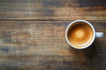 Top view espresso coffee cup on rustic wooden table.
