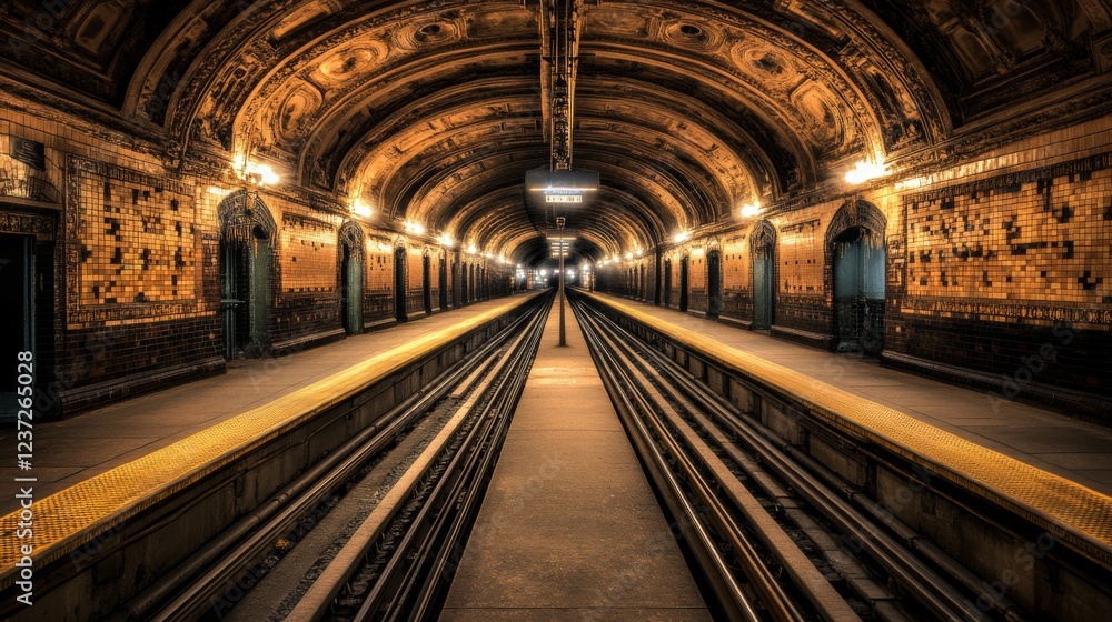 Leinwandbilder A dimly lit subway tunnel with smooth concrete walls and track rails leading into the distance, illuminated by soft lights along the walls, creating a mysterious atmosphere