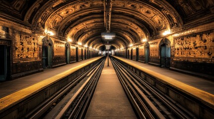 Fototapeta premium A dimly lit subway tunnel with smooth concrete walls and track rails leading into the distance, illuminated by soft lights along the walls, creating a mysterious atmosphere