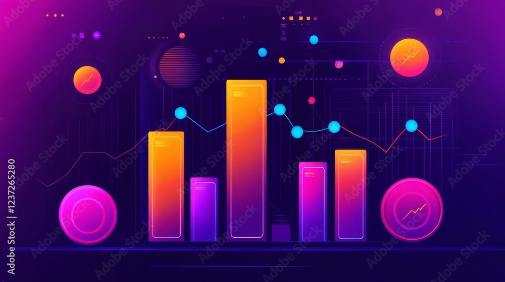 Poster a dynamic and colorful financial bar graph showing positive market trends with a modern tech interfa