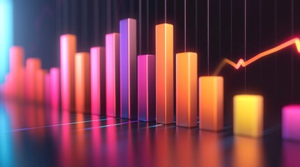Fototapeta premium A dynamic D bar chart with vibrant colors, depicting positive growth trends with each bar having a reflective surface, symbolizing business progress