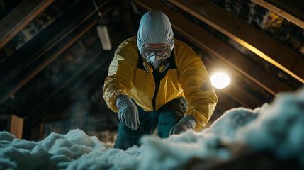 A worker in a foggy attic, wearing full protective gear and carefully removing moldy insulation. A soft glow from an overhead lamp highlights floating particles in the dense air.