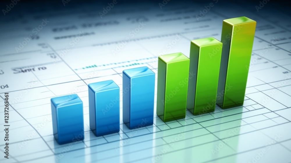 Aufkleber a financial bar graph displayed on a desktop monitor with vibrant bars in shades of green and blue, 