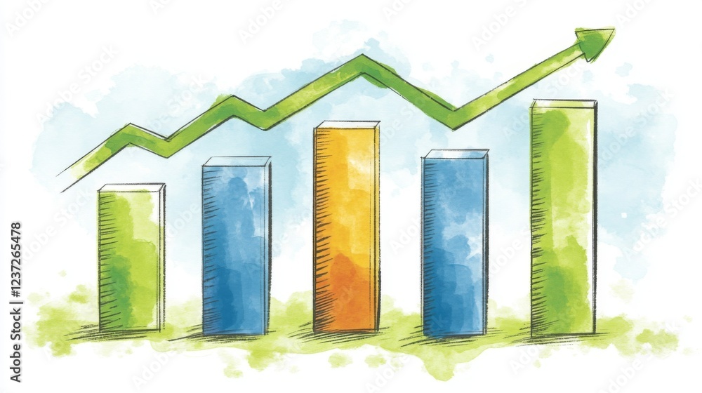 Aufkleber a financial bar graph displayed on a desktop monitor with vibrant bars in shades of green and blue, 