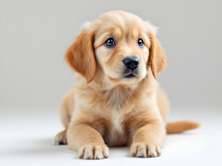 A cute golden retriever puppy with fluffy fur and bright eyes sits playfully, exuding charm and innocence.