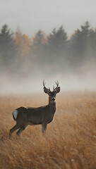 Fototapeta premium Majestic deer in golden grass with misty forest background Vertical Mobile Wallpaper