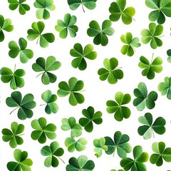 A seamless watercolor shamrock pattern on a white background. Ideal for festive decorations, St. Patrick's Day, and Irish-themed designs.