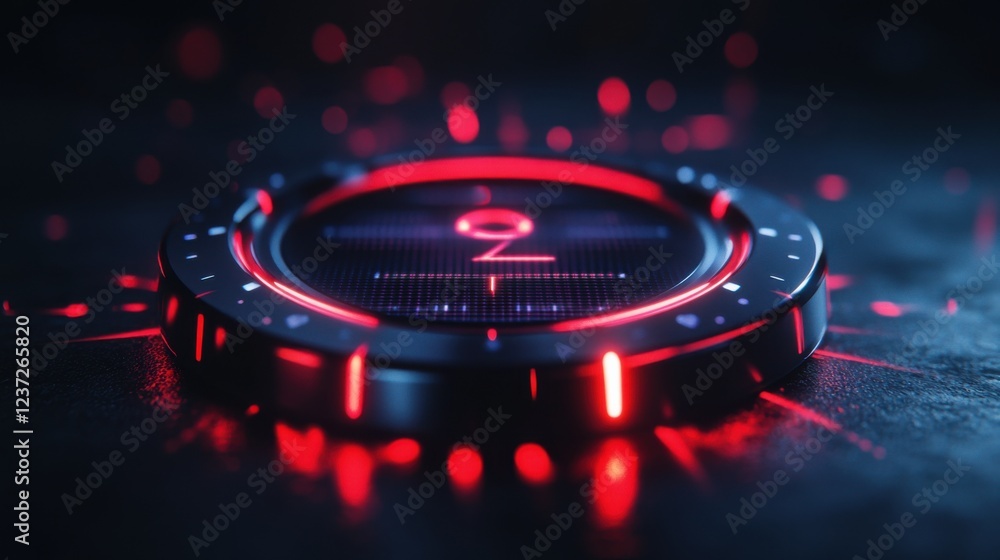 Poster futuristic glowing red and blue sci-fi device with digital display in dark environment