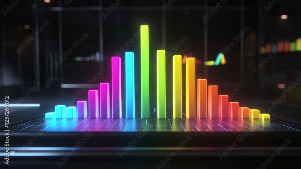 Poster a futuristic d bar graph with colorful, glowing bars rising on a digital screen, showcasing financia