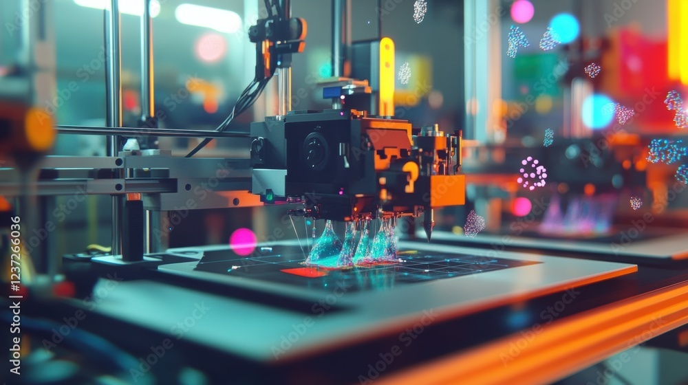 Poster automated robotic arm using innovative technology creating object layer by layer in modern laborator
