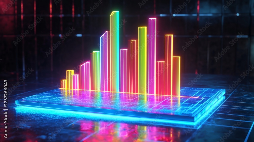 Poster a futuristic d bar graph with colorful, glowing bars rising on a digital screen, showcasing financia