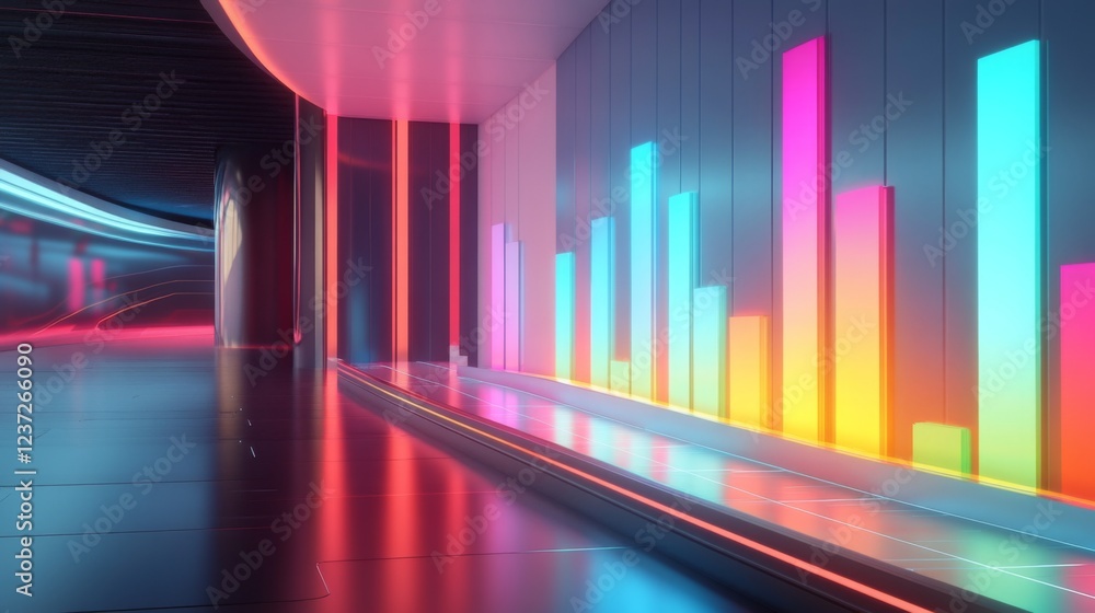 Poster A futuristic D bar graph with colorful, glowing bars rising on a digital screen, showcasing financial growth and performance over time