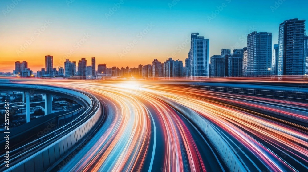 Poster a futuristic cityscape with streaking lights and glowing lines stretching across buildings, symboliz