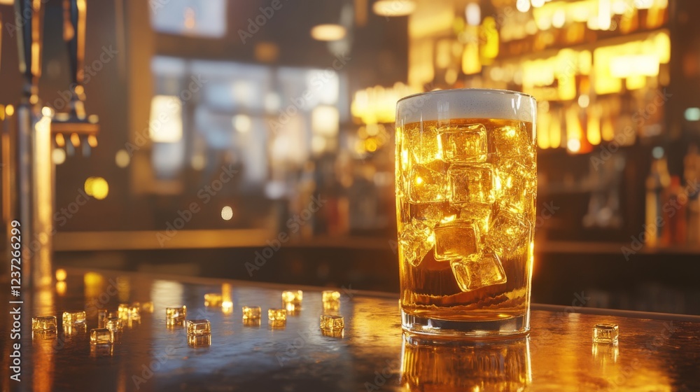 Poster A glass of beer with ice, sitting on a bar counter with reflections from the ice cubes and golden liquid, creating a refreshing and inviting atmosphere