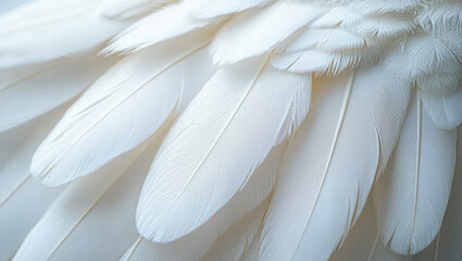 Naklejka premium Close-up of Angels Wings, White Feathers Banner Background with Copy Space .Creative Concept for Peace, Calm and Spirituality. Signifying Religion, Hope and Calm.