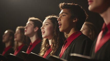 A group of singers in a choir performance, positioned in perfect rows, with their faces focused and the harmony of their voices depicted through soft lighting