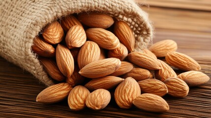 A group of raw almonds spilling out from a burlap sack, with some scattered on a wooden surface, captured in natural light for a warm, earthy feel