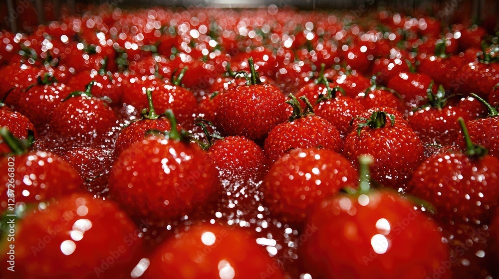 Wall mural Ripe red tomatoes in water, food processing plant