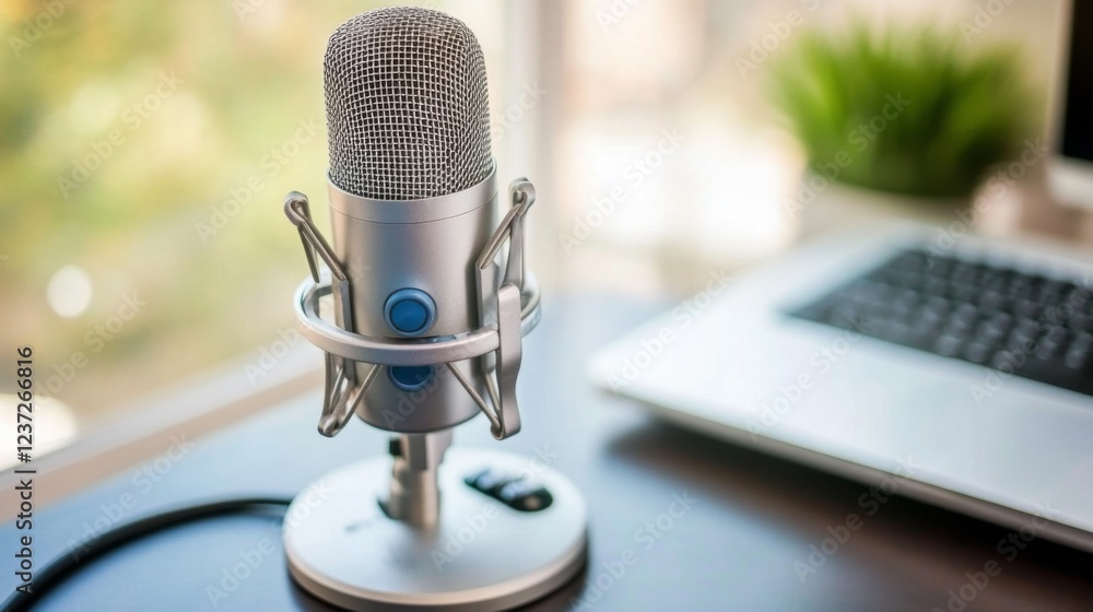 Poster a high-end condenser microphone placed on a desk with a simple setup, featuring intricate details of