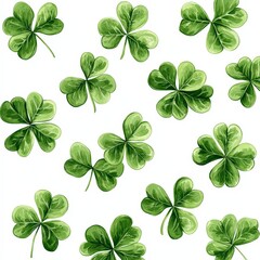 A seamless watercolor shamrock pattern on a white background. Ideal for festive decorations, St. Patrick's Day, and Irish-themed designs.