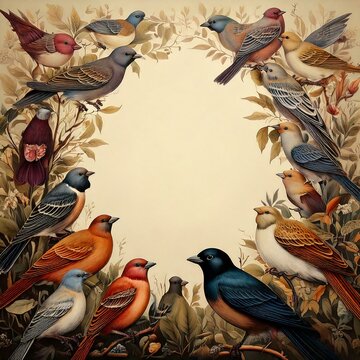 illustration of colorful vintage birds with empty copy space in the middle