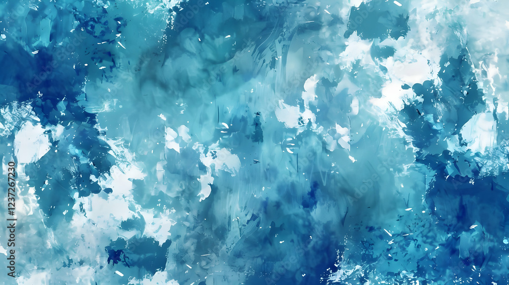 Poster abstract watercolor design in shades of blue and white, creating a fluid and dynamic texture.
