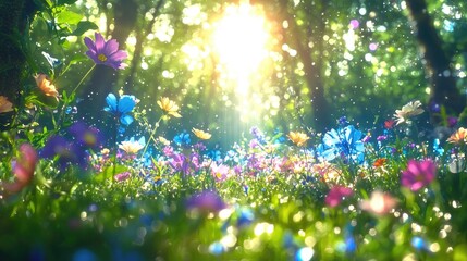 Sunlit wildflowers bloom in forest; magical scene