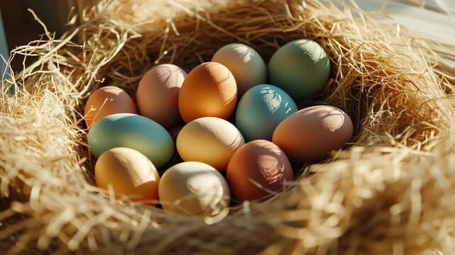 Colorful Easter eggs laying in nest made og hay in a sunny day