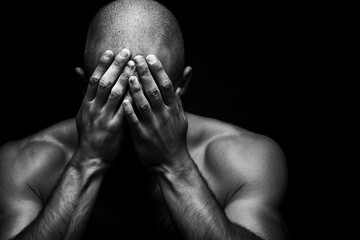 A Black and White Portrait of Sadness: A Man Conceals His Face in His Hands, Expressing Deep Emotional Distress and Despair. World Cancer Day.