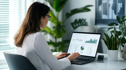 A woman leading a virtual meeting on her laptop, seated in a stylish, modern office with plants, sleek furniture, and a large monitor showing financial graphs.