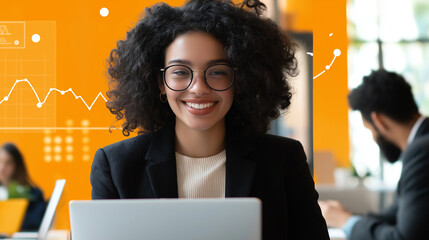 A professional woman smiling confidently, working on her laptop in a collaborative workspace with other entrepreneurs, with dynamic conversations and business charts in the backgro