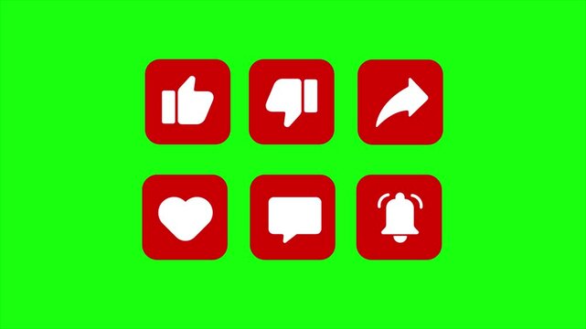 Animated social media icons like, dislike, share, heart, comment, notification. Green screen background for easy compositing. Perfect for vlogs, intros, and social media projects.
