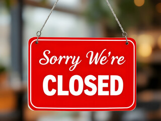 A red "Sorry We're CLOSED" sign hanging on a door, indicating the business is temporarily shut.