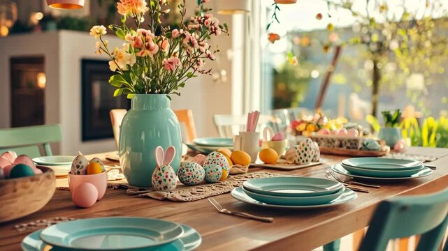Easter table setting foe family celebration meal decorated by eggs, spring flowers and bunnies