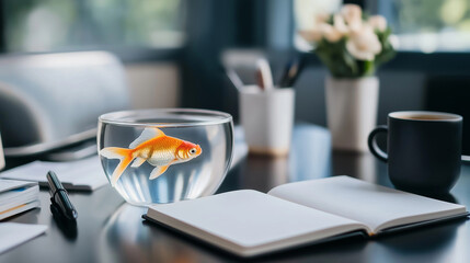 A goldfish in a bowl on a minimalist desk, surrounded by open notebooks, a cup of coffee, and a few blooming flowers, symbolizing the nurturing of small businesses.