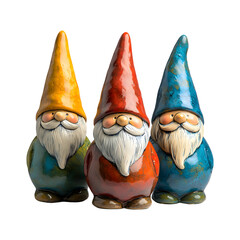 Three Ceramic Garden Gnomes Sitting on Black Surface Isolated on Transparent Background