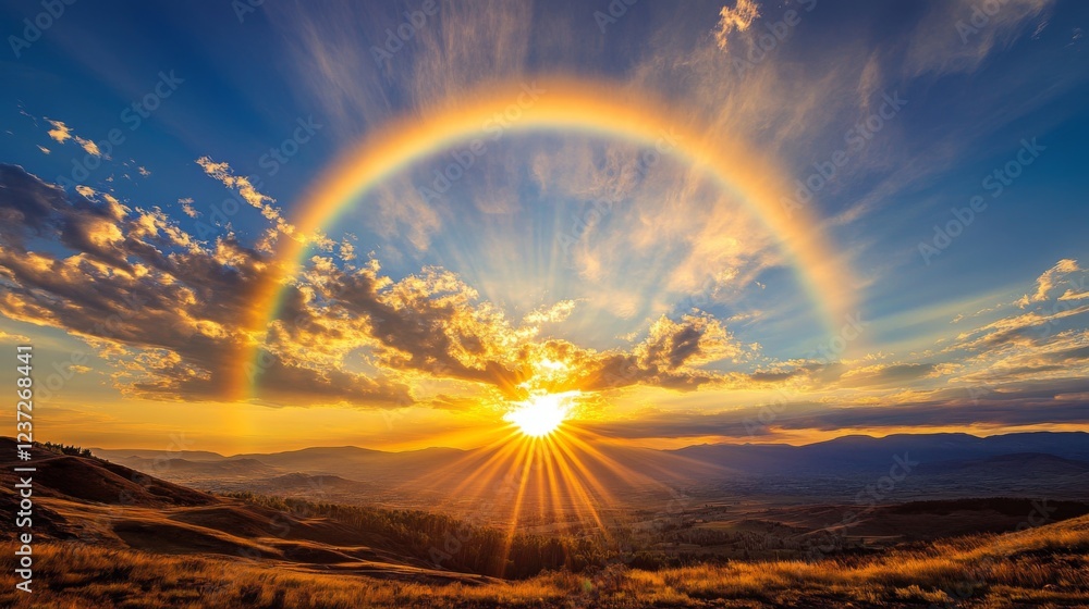 Poster A panoramic view of the sun surrounded by a gentle halo, casting a rainbow-like glow around it as it rises over a distant landscape with soft clouds