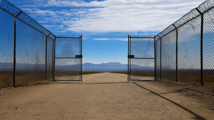 Fototapeta premium A padlocked gate in the middle of a tall steel fence, surrounded by cracked earth and a dusty horizon, symbolizing the enforced closure of the border.