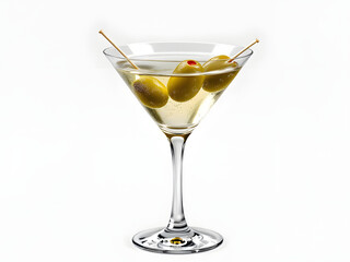A martini glass with olives on a white background.