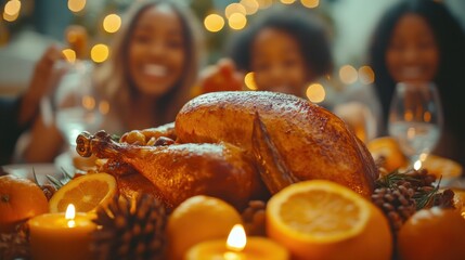 Happy family celebration with turkey dinner and festive candles in warm setting