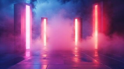 Neon Illuminated Futuristic Corridor with Glowing Columns