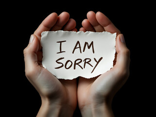Hands holding "I AM SORRY" note, symbolizing apology and seeking forgiveness in a dark setting.