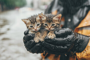 Close up view of two small wet kittens in rescuer's hands rescued from flooding. Saving pets from flooding