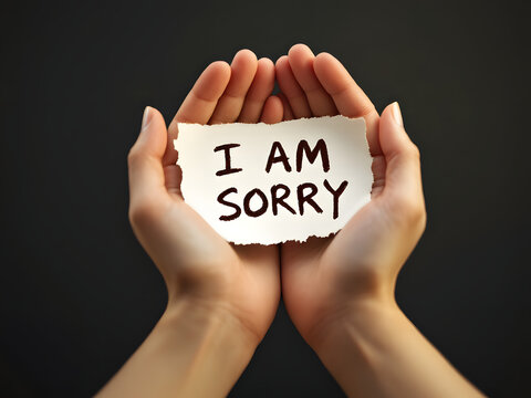 Hands holding "I AM SORRY" note, symbolizing apology and seeking forgiveness in a dark setting.
