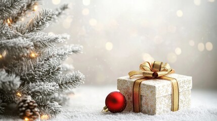 Festive christmas gift box with ribbon and ornament under decorated tree, winter wonderland